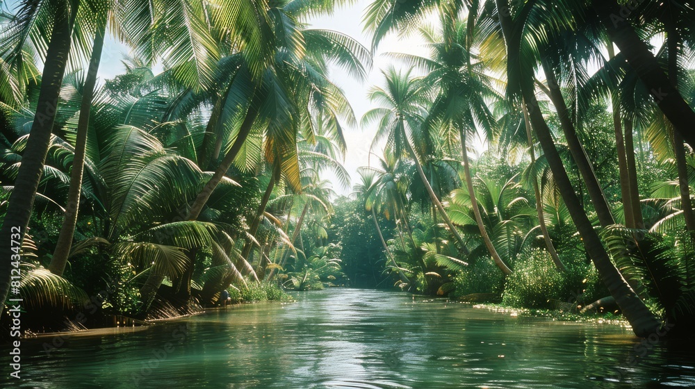 Coconut trees into a river. Generative AI. Coconut trees into a river. Generative AI.