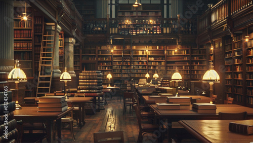 nighttime in a library during the 1920 s. its empty. soft light at each table glowing. stacks of books. some require a ladder to reach. old world architecture.