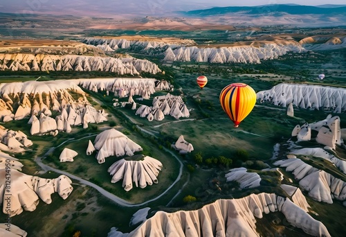 Drifting Dreams: Hot Air Balloons Over Cappadocia's Majestic Mountains photo