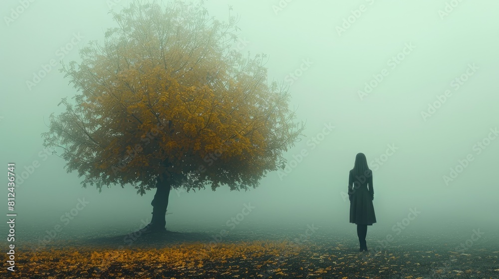 Person Standing in Front of Tree on Foggy Day