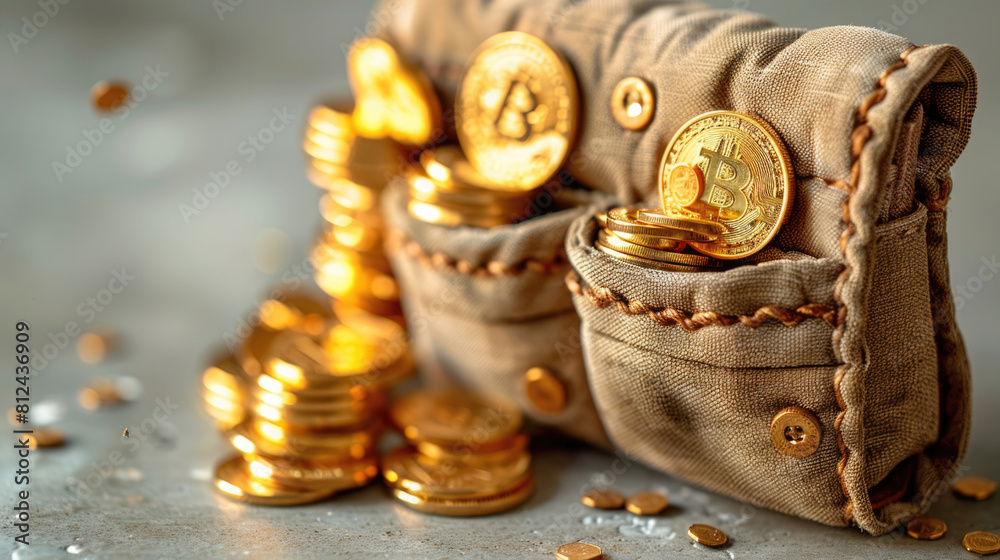 Bag Filled With Gold Coins on Table Bag Filled With Gold Coins on Table