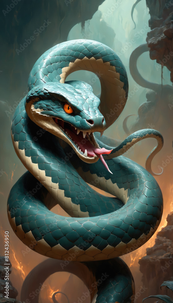 Fantasy Illustration of a wild snake. Digital art style wallpaper background.