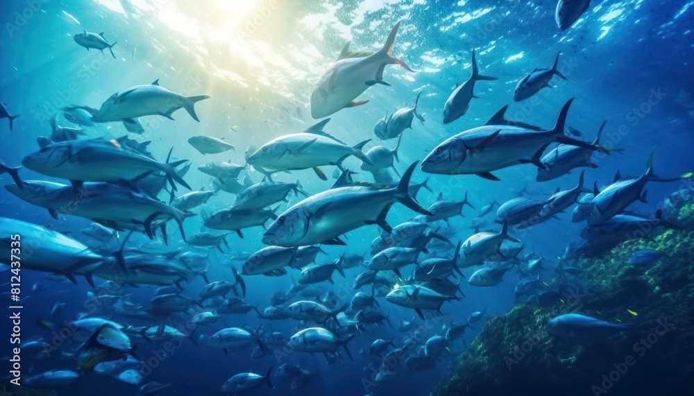 Fototapeta premium Groups of giant Tuna fish in the underwater, coral reef, amazing underwater life, various fish and exotic coral reefs, ocean wild creatures background