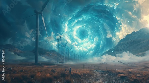 A science fiction scenario where wind turbines are portals to other dimensions  swirling with mystical energy