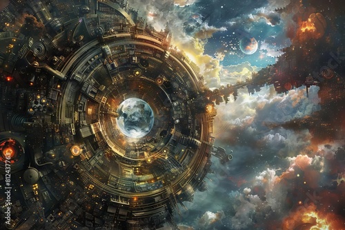 A science fiction scene of Earth evolving into a fully mechanized sphere, hosting a civilization dependent on gears and technology photo