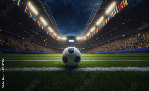 soccer ball inside a stadium at night, photo realistic illustration