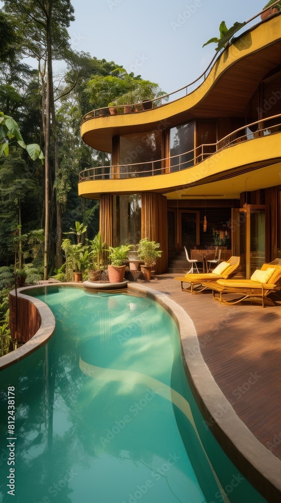 A house with a swimming pool in front, surrounded by palm trees, creating a tranquil natural landscape with water and plants. Luxury villa resort in the jungle A house with a swimming pool in front, surrounded by palm trees, creating a tranquil natural landscape with water and plants. Luxury villa resort in the jungle