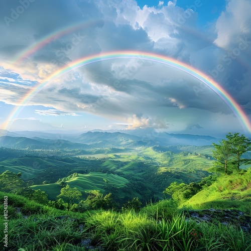 Breathtaking Double Rainbow Arching Over Lush Green Valley After Spring Shower © Thares2020