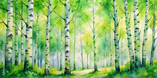 Watercolor painting illustration of abstract birch trees in forest, landscape background