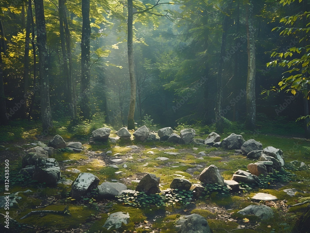 Mystical Forest Clearing with Circle of Stones for Druidic Rituals Mystical Forest Clearing with Circle of Stones for Druidic Rituals