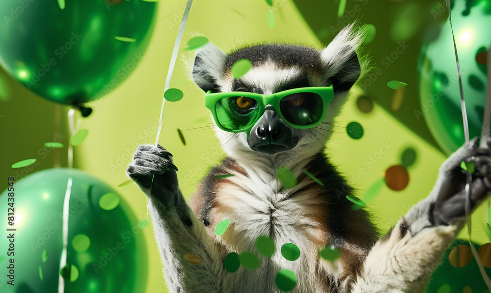 Obraz premium Funny lemur birthday card celebrating green foil balloons and confetti flying around, happy holiday summer season concept.