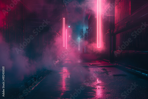 Dark street, night smog and smoke neon light. Dark background of the night city, ray of light in the dark. Gloomy dark background. © Areesha