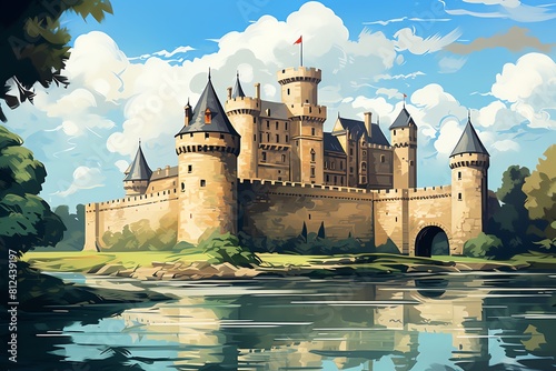 The majestic castle stands tall and proud, its reflection shimmering in the calm waters below. photo