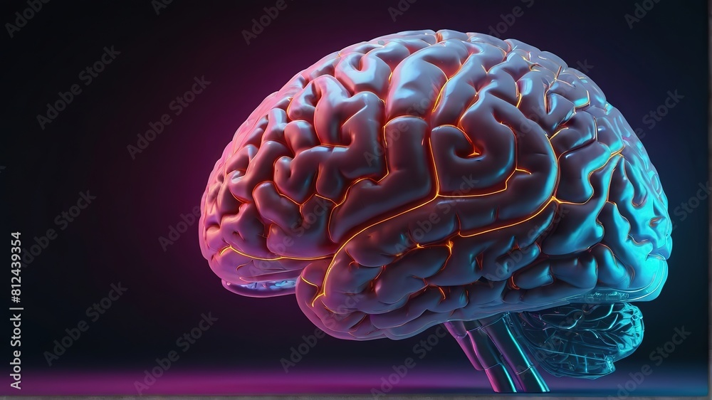 3d rendered Human brain illustration with neon glow light background 3d rendered Human brain illustration with neon glow light background