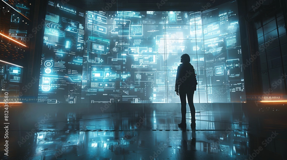 A silhouette of a person standing in front of a giant digital screen with a flow of data showing various cyber threats and vulnerabilities, super detailed, real engine. Generative AI.