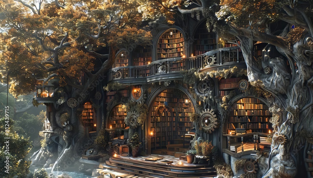 Obraz premium A steampunk scene featuring an ancient library with trees that have gears for bark and books growing as leaves