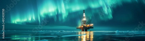 Drilling for Crude Oil in Arctic Oilfield Under Northern Lights.  photo