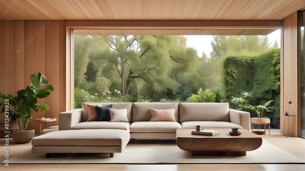 A minimalist wood-lined living room overlooking a lush garden outside 