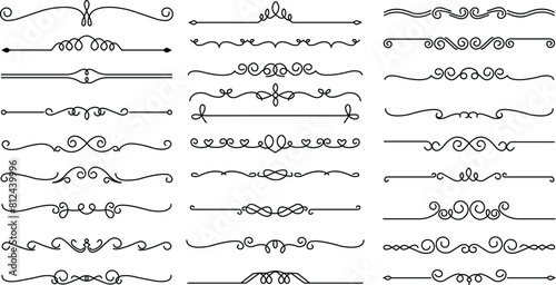Dividers icons Set. Divider ornament, corner borders. Page Decoration linear icons paper break, books decorations. Hand drawn vectors on transparent background. Outline signs borders elements kit.
