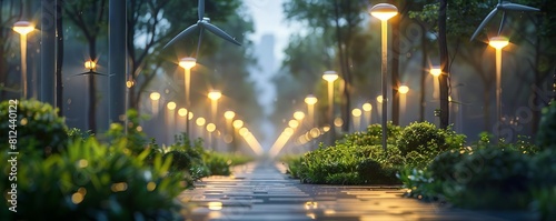A street lined with white lamp posts topped with small green wind turbines, illuminating a path in an ecofriendly park