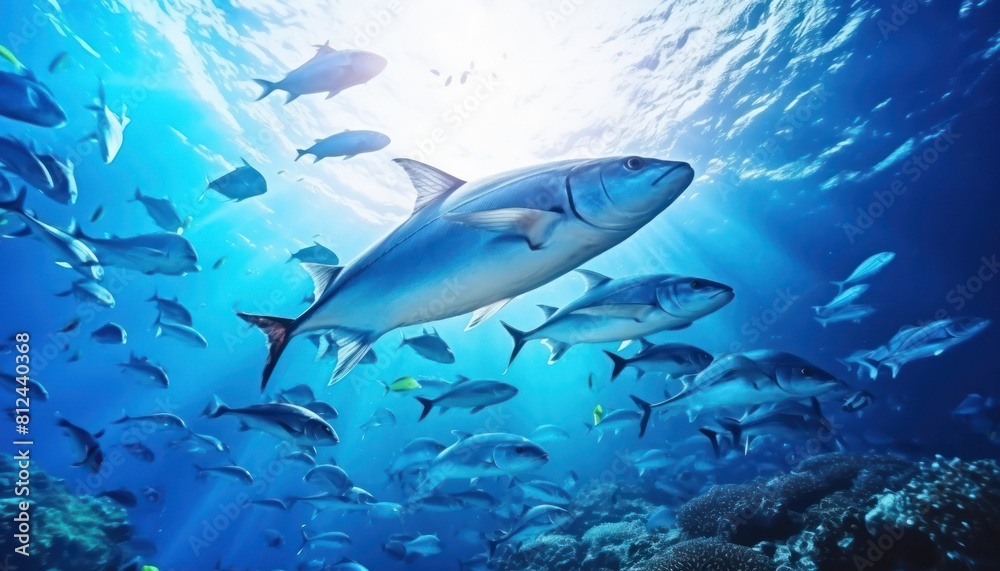 Fototapeta premium Groups of giant Tuna fish in the underwater, coral reef, amazing underwater life, various fish and exotic coral reefs, ocean wild creatures background