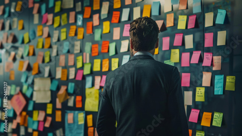 A man in a suit stands with his back to the camera, looking at a wall covered with colorful sticky notes. Concept of brainstorming, planning, and organization in a professional setting. Business strat photo