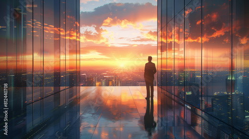 Businessman in a Suit Standing in a Modern Office Building, Overlooking a City Skyline at Sunset, Representing Ambition and Success