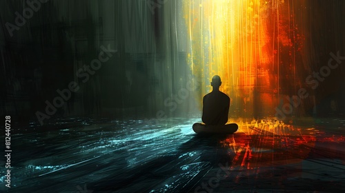 man meditating in the dark with colorful light photo