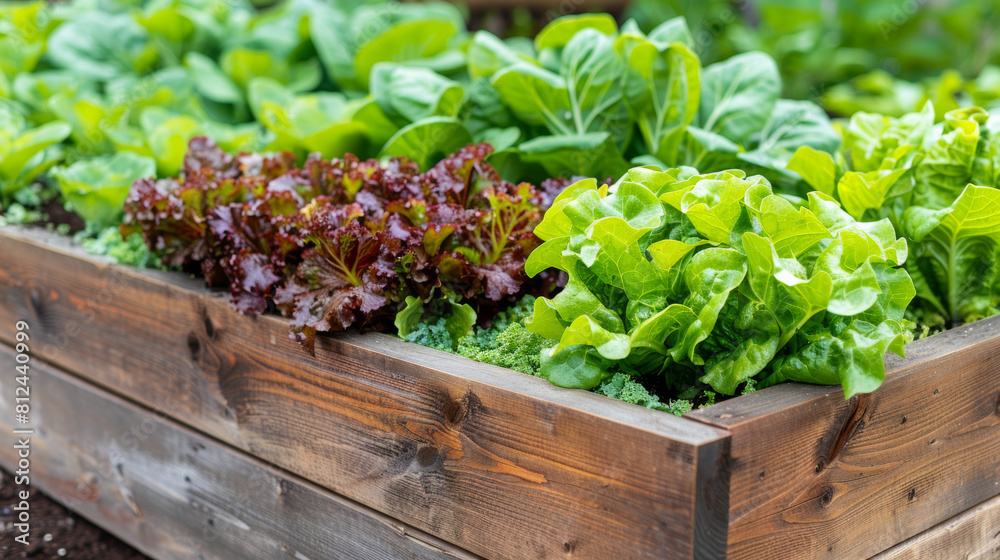 A raised garden bed filled with vibrant green vegetables and leafy greens. Showcasing sustainable gardening, fresh produce, and organic farming. A beautiful example of homegrown food and eco-friendly A raised garden bed filled with vibrant green vegetables and leafy greens. Showcasing sustainable gardening, fresh produce, and organic farming. A beautiful example of homegrown food and eco-friendly