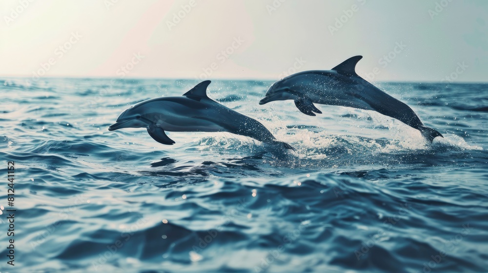 Fototapeta premium Two beautiful dolphins jump over the rising waves. Marine animals in their natural habitat.