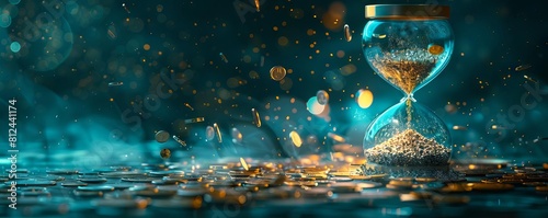 A surreal depiction of an hourglass with coins falling instead of sand, symbolizing the devaluation over time photo