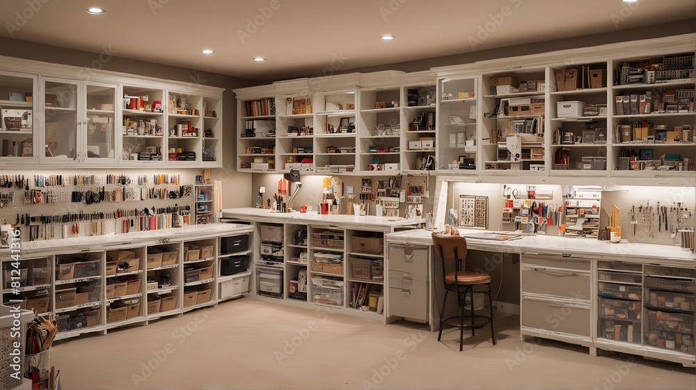 Scandinavian craft room with plenty of storage solutions, a large work surface, and good lighting. Close up Scandinavian craft room with plenty of storage solutions, a large work surface, and good lighting. Close up