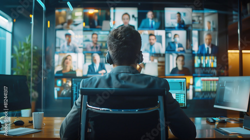 business professional sitting at their desk, surrounded by multiple screens displaying virtual team members in an online meeting room