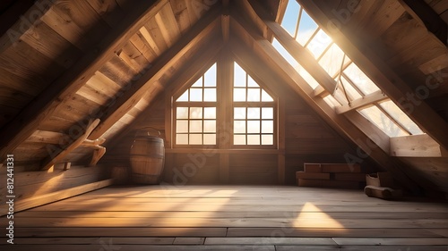  Sunlight streaming through the windows of a rustic wooden attic 