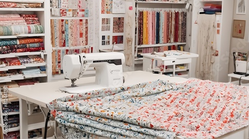 Aesthetic modern craft room dedicated to sewing with a sewing machine, fabrics, and patterns. Side view