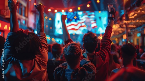 An election night watch party in America, with a crowd eagerly watching the results on a large screen