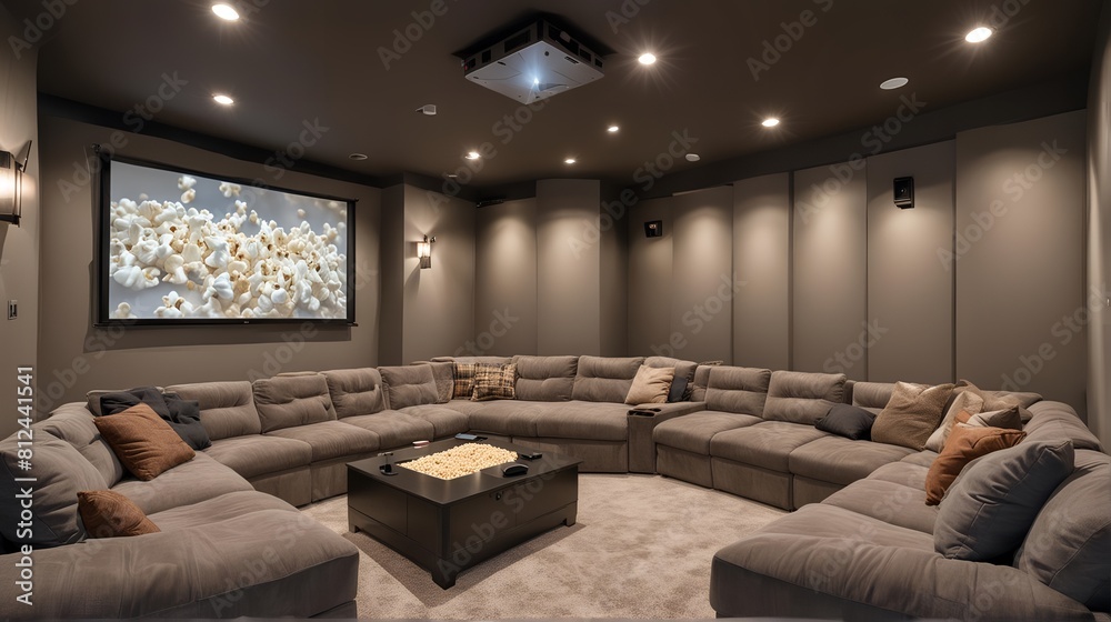 Premium comfortable home theater with a sectional sofa, a projector, and a popcorn machine. Side view Premium comfortable home theater with a sectional sofa, a projector, and a popcorn machine. Side view