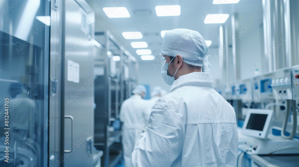 Scientist in special clothes in a modern new laboratory. A man works with new medical equipment in the laboratory. Research, science concept. Scientist in special clothes in a modern new laboratory. A man works with new medical equipment in the laboratory. Research, science concept.