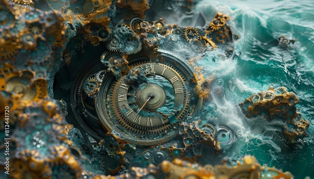 A surreal illustration of a clockwork Earth, where oceans and lands seamlessly blend into a mechanical gear system