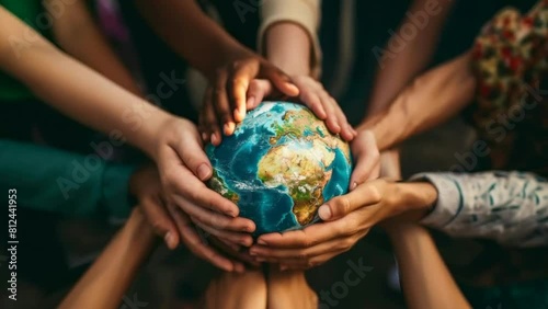  Illustrate unity and diversity with diverse hands holding a globe, symbolizing teamwork, racial equality, and multicultural collaboration towards shared global objectives. Ideal for inclusive divers