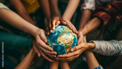  Illustrate unity and diversity with diverse hands holding a globe, symbolizing teamwork, racial equality, and multicultural collaboration towards shared global objectives. Ideal for inclusive divers