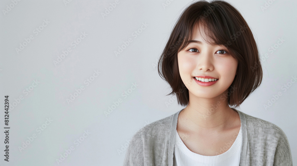 Smiling young woman with short hair. Portrait of a cheerful young japanese woman with short brown hair and a warm smile, against a plain background. AI generative.. Smiling young woman with short hair. Portrait of a cheerful young japanese woman with short brown hair and a warm smile, against a plain background. AI generative..