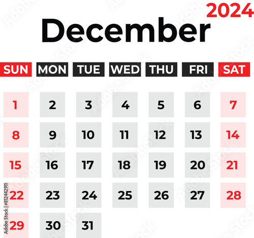 December 2024 monthly calendar design in clean look