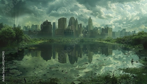 A surreal portrayal of Earth with cities turned into graveyards, reflecting the aftermath of environmental disasters photo