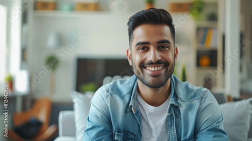 Young Indian Man with Short Hair and Beard Smiling Cheerfully in a Bright Modern Living Room, Exuding Positivity and Warmth
