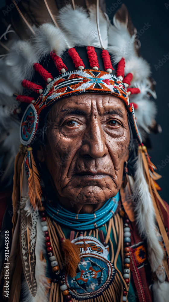 a close up of a man wearing a native american headdress