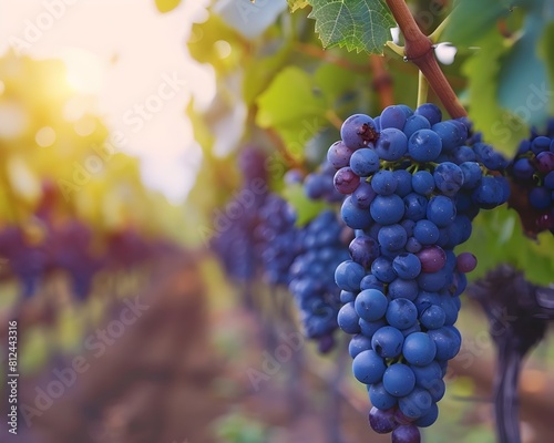 Sustainable Organic Grape Vineyard in Idyllic Countryside Landscape with Lush Foliage and Ripe Purple Grape Clusters