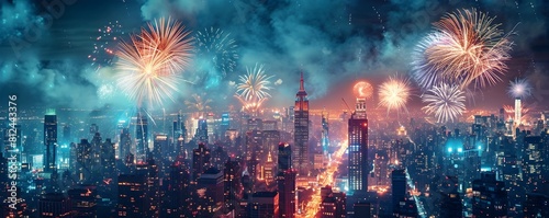 Breathtaking Cityscape Ablaze with Vibrant Fireworks Celebrating a Joyous Urban Festival in the Bustling Business District © Thares2020