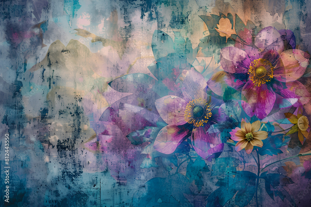 Grunge style beautiful, colorful, abstract art. Paper texture. Colorful painting. Watercolor background with flowers and plants.