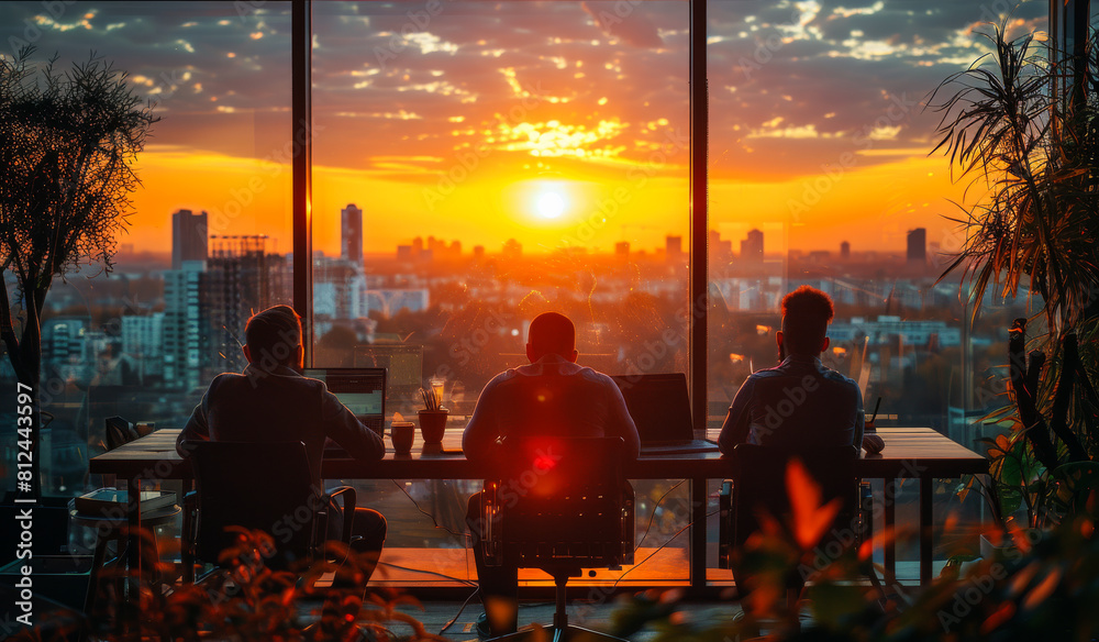 Silhouettes of three business people are sitting at the table during sunset.
